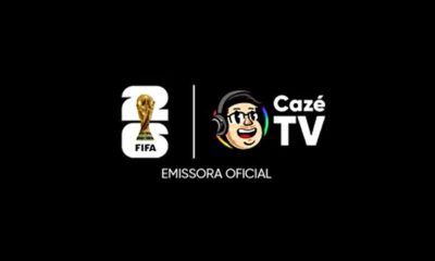 Logo Cazé TV com mascote, emblema FIFA 26 e texto 'EMISSORA OFICIAL'