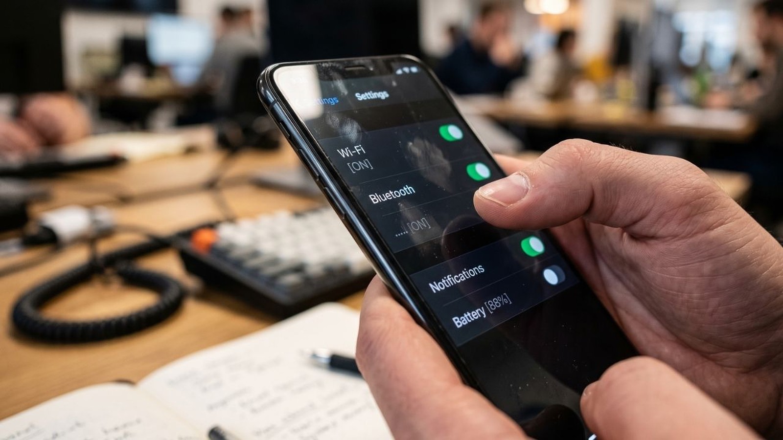 Mão segura celular exibindo tela de configurações com Wi-Fi, Bluetooth e bateria 88% ativados