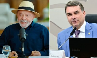 Lula com chapéu e barba à esquerda, Flávio Bolsonaro de terno azul à direita em painel dividido