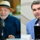 Lula com chapéu e barba à esquerda, Flávio Bolsonaro de terno azul à direita em painel dividido