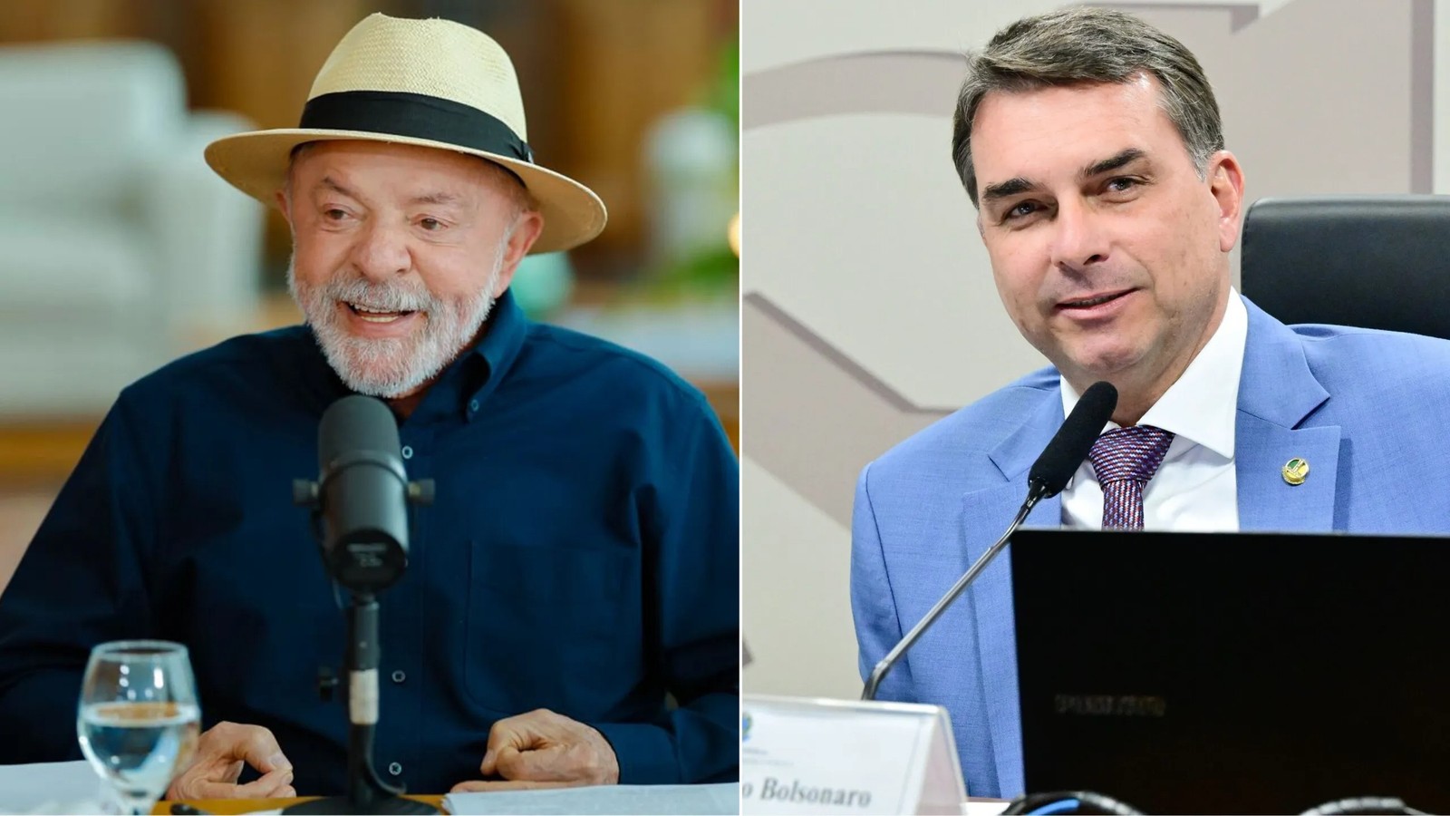 Lula com chapéu e barba à esquerda, Flávio Bolsonaro de terno azul à direita em painel dividido