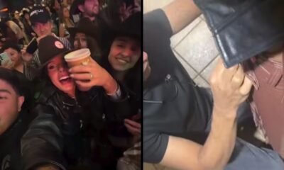Ana Castela sorrindo em evento e detalhe da sua calça sendo costurada após rasgar