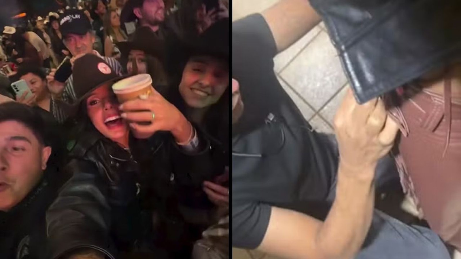 Ana Castela sorrindo em evento e detalhe da sua calça sendo costurada após rasgar