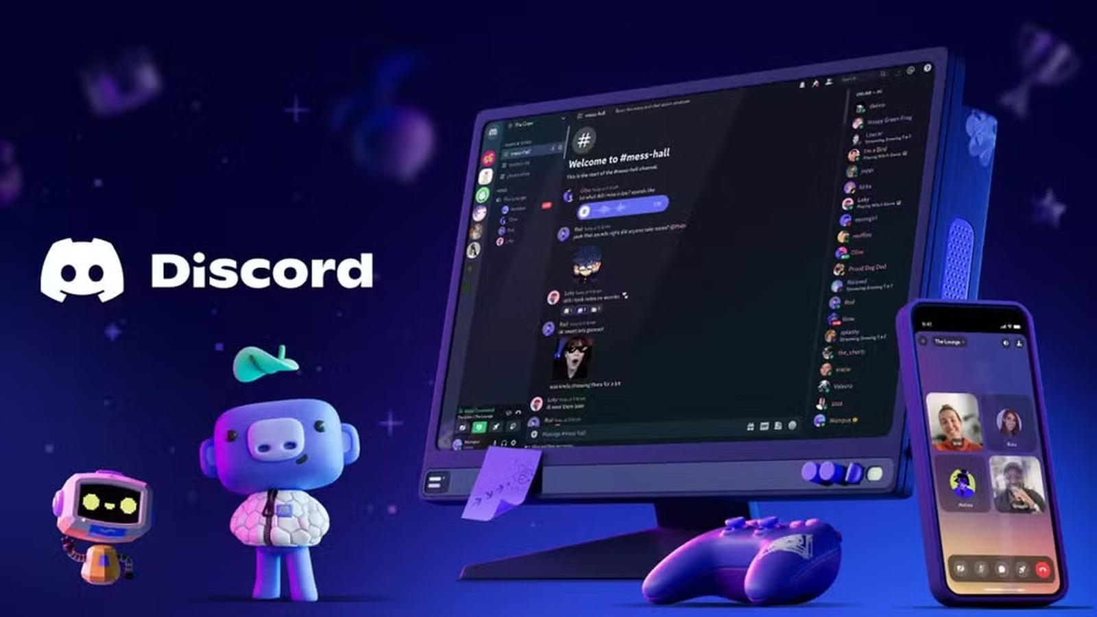 Logotipo Discord, monitor com interface, smartphone com videochamada, robôs e controle em fundo escuro
