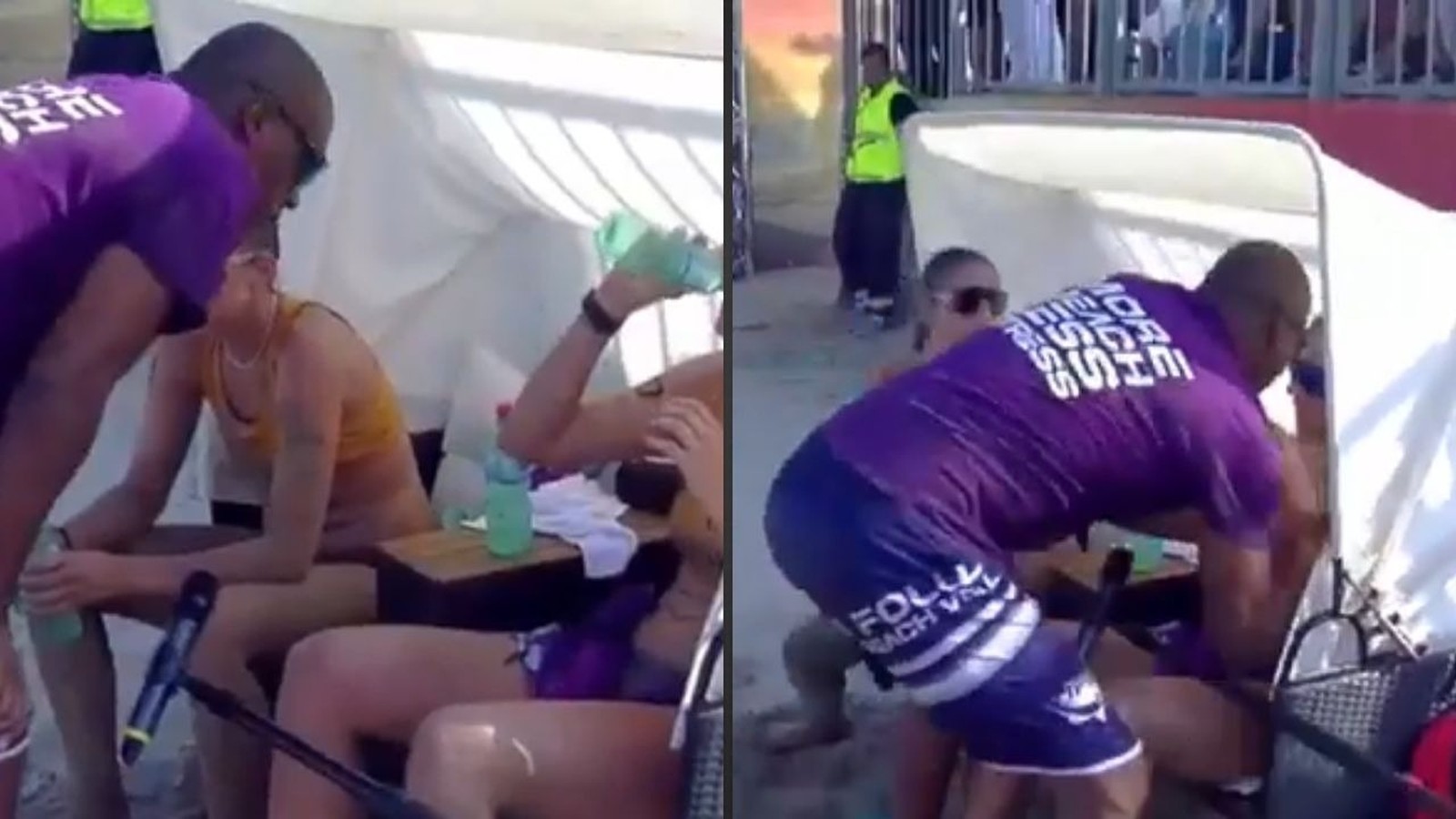 Homem de camisa roxa agride atletas sentadas em quadra de vôlei de praia