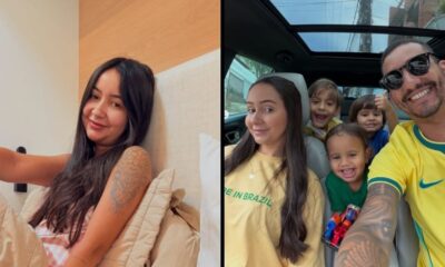 Mulher com cabelo escuro sorrindo na cama. Homem com óculos, mulher, três crianças sorrindo em carro.