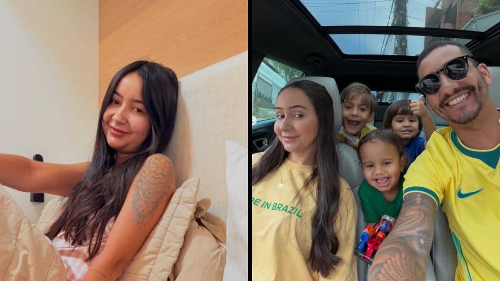 Mulher com cabelo escuro sorrindo na cama. Homem com óculos, mulher, três crianças sorrindo em carro.
