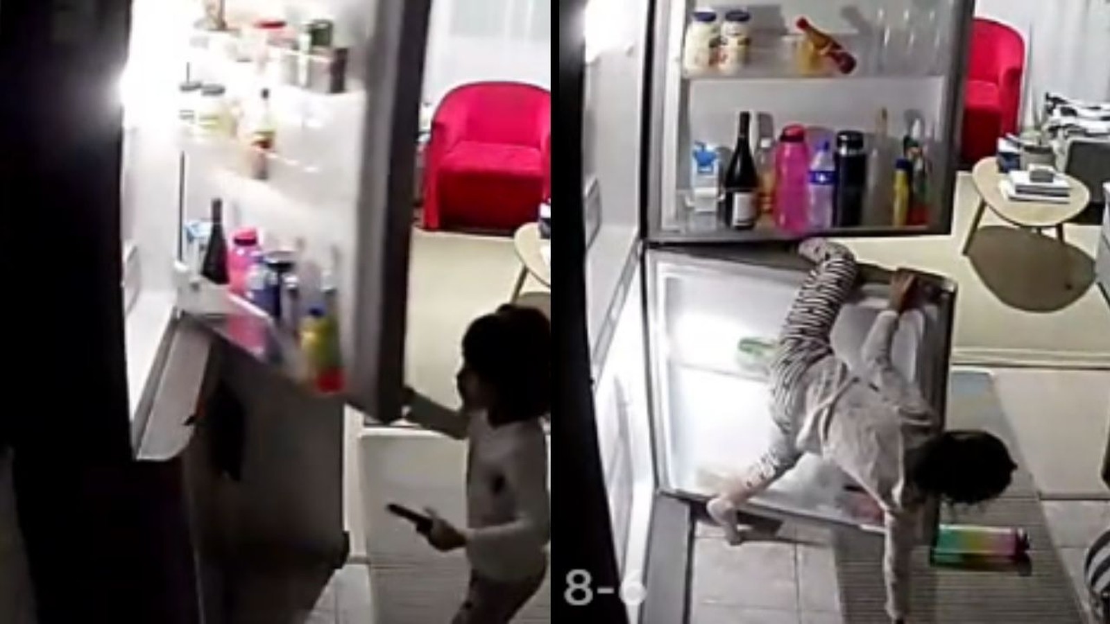 Imagem dividida com criança olhando e depois presa em geladeira aberta, segurando controle remoto