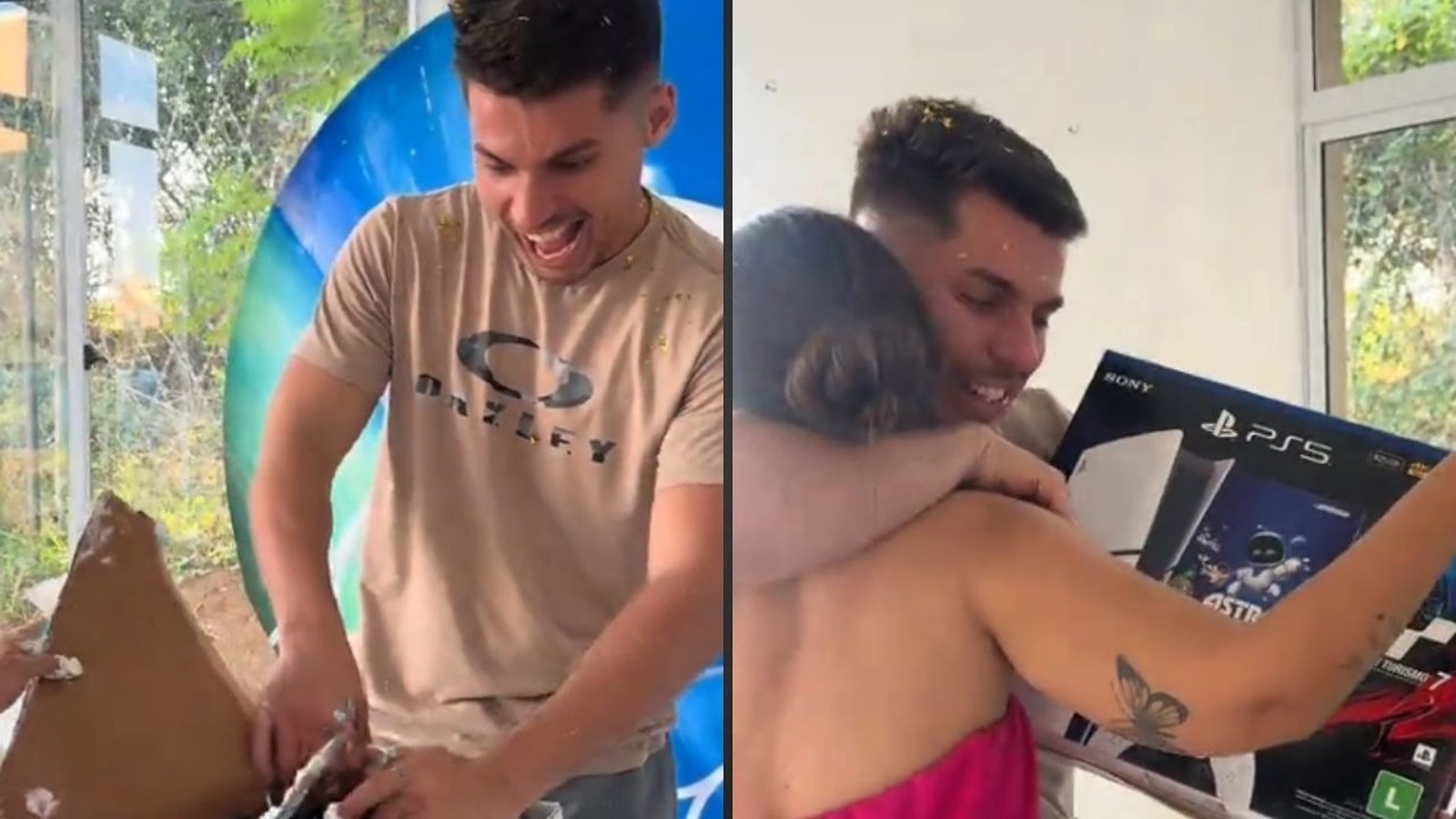 Homem sorridente com confete, abraçando mulher e segurando caixa de PlayStation 5