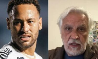 Divisão de imagem com Neymar de cabelo escuro à esquerda e Fábio Sormani de cabelo branco à direita