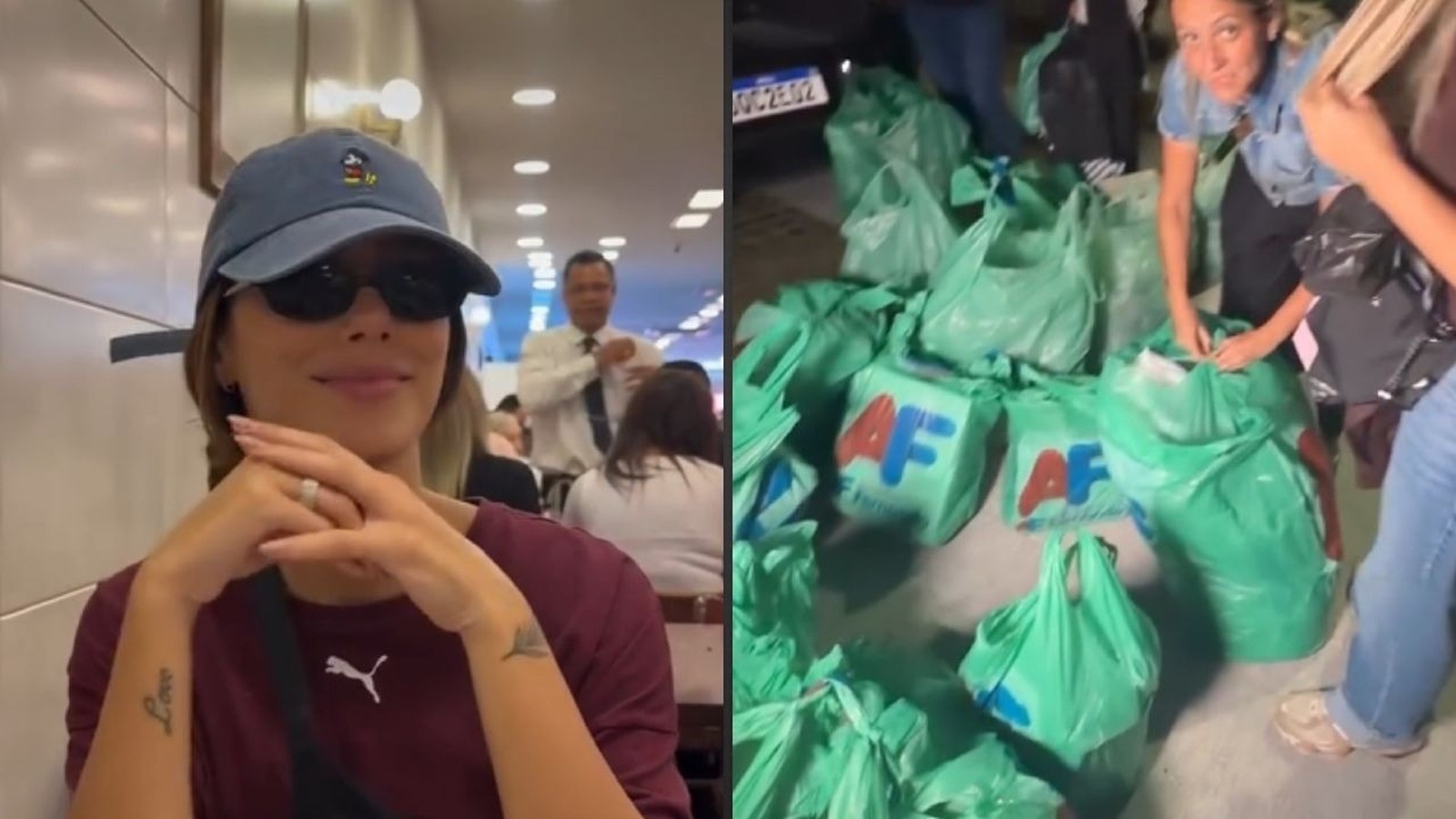 Bruna Biancardi com boné e óculos escuros sorri; ao lado, diversas sacolas verdes de compras no chão