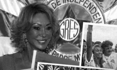 Mulher sorrindo, com bandeira da Mocidade Independente de Padre Miguel e fotos sobrepostas