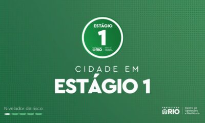 Banner verde com “Estágio 1” em círculo branco e “CIDADE EM ESTÁGIO 1” centralizado
