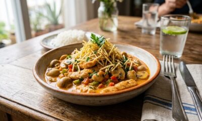 Prato de strogonoff com frango, cogumelos, batata palha, salsa, arroz, água e talheres em mesa