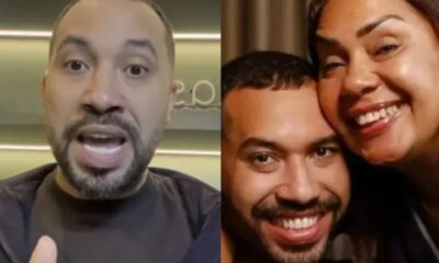 Imagem dividida com Gil do Vigor falando e ele sorrindo com sua mãe Jacira Santana
