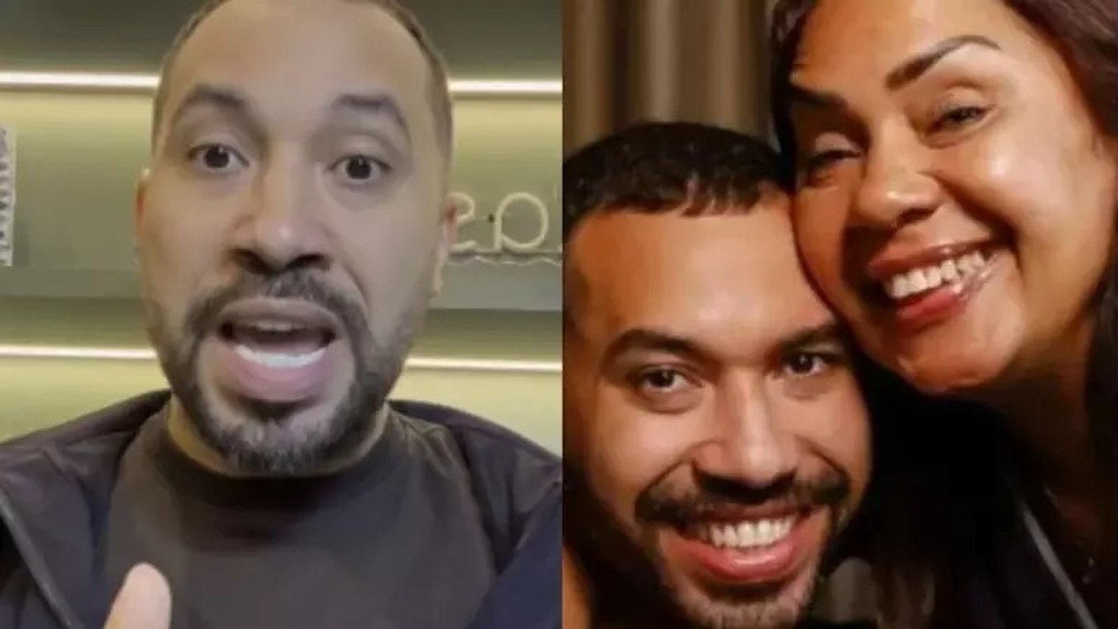Imagem dividida com Gil do Vigor falando e ele sorrindo com sua mãe Jacira Santana
