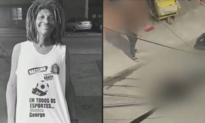 Imagem dividida: Homem com dreadlocks sorrindo, camiseta 'Racismo Não'; cena de rua borrada