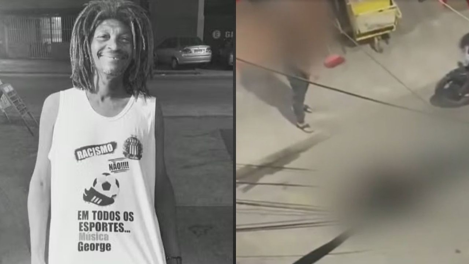 Imagem dividida: Homem com dreadlocks sorrindo, camiseta 'Racismo Não'; cena de rua borrada