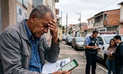 Homem idoso angustiado segurando celular e papéis, policial anota ocorrência ao lado de viatura e casal