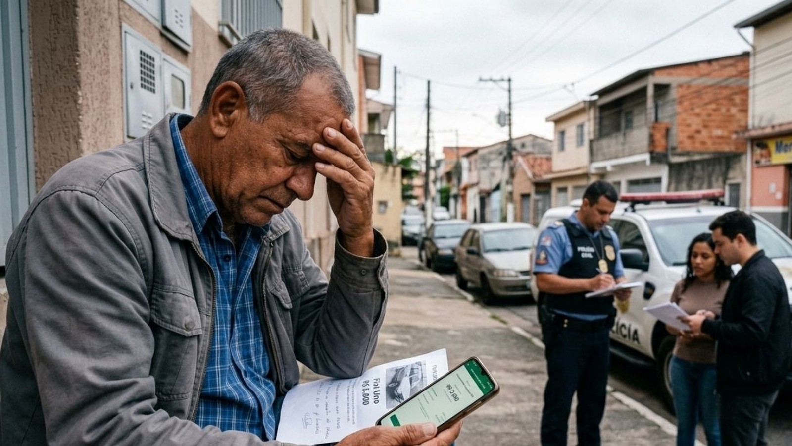 Homem idoso angustiado segurando celular e papéis, policial anota ocorrência ao lado de viatura e casal