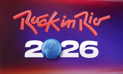Logotipo 3D de "Rock in Rio 2026" com uma guitarra na esfera azul que representa o zero