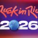 Logotipo 3D de "Rock in Rio 2026" com uma guitarra na esfera azul que representa o zero