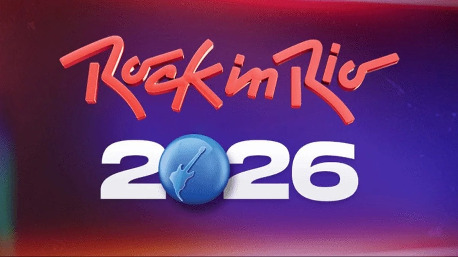 Logotipo 3D de "Rock in Rio 2026" com uma guitarra na esfera azul que representa o zero