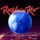 Logo Rock in Rio com texto vermelho, globo azul com guitarra branca, palco e público noturno