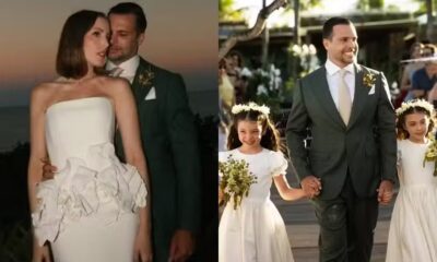 Fabiana Justus em vestido de noiva com Bruno Levi; Bruno com floristas na cerimônia de casamento