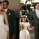 Fabiana Justus em vestido de noiva com Bruno Levi; Bruno com floristas na cerimônia de casamento