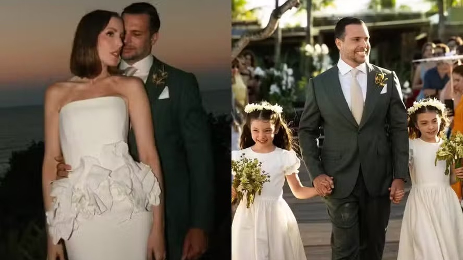Fabiana Justus em vestido de noiva com Bruno Levi; Bruno com floristas na cerimônia de casamento