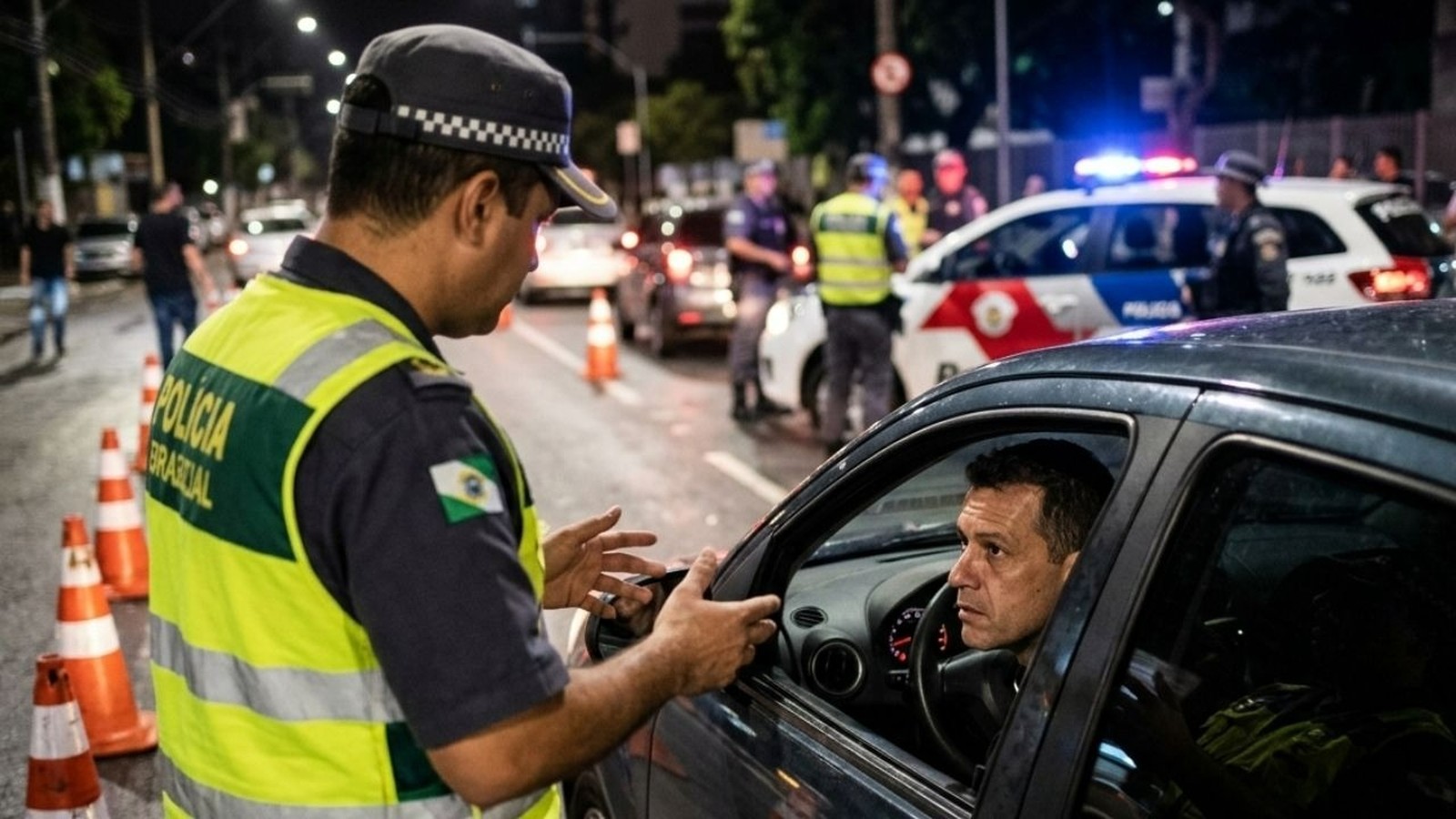 Policial com colete amarelo aborda motorista em carro à noite durante blitz