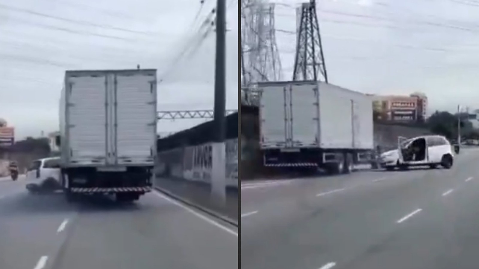 Caminhão branco e carro branco danificado na estrada, portas abertas