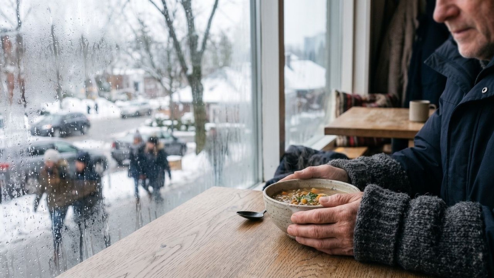 Pessoa segura tigela de sopa em mesa de madeira, janela com gotas de chuva e neve lá fora