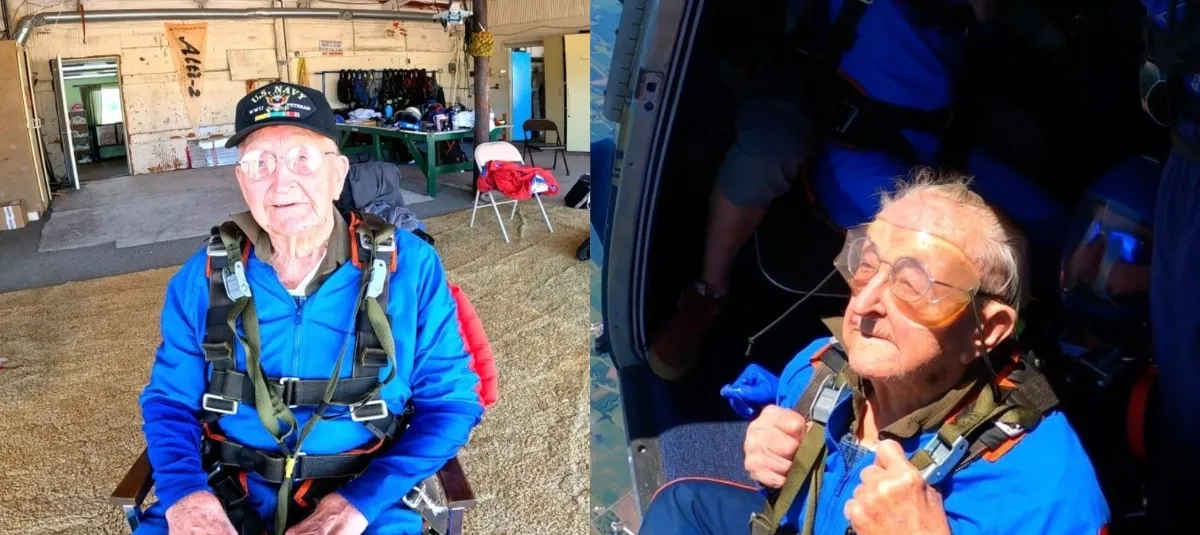 Aos 105 anos, veterano de guerra, ele nunca tinha saltado de paraquedas na vida, subiu no avião num domingo de julho acompanhado de 1 instrutor, e a frase que repetiu antes de pular foi que conseguiria, sim