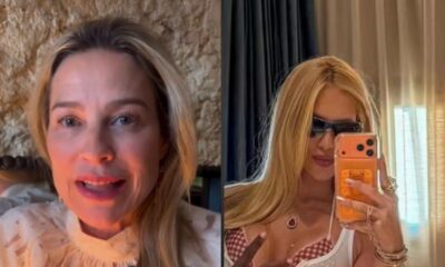 Mulheres loiras em tela dividida: Piovani falando, Fonseca de óculos escuros tira selfie