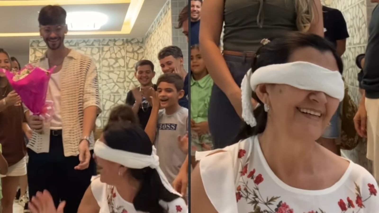 Jovem sorridente com buquê de flores e mulher vendada sorrindo em reencontro emocionante