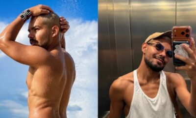 Díptico de Vyni: sem camisa sob ducha e de óculos escuros e regata em selfie