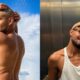 Díptico de Vyni: sem camisa sob ducha e de óculos escuros e regata em selfie