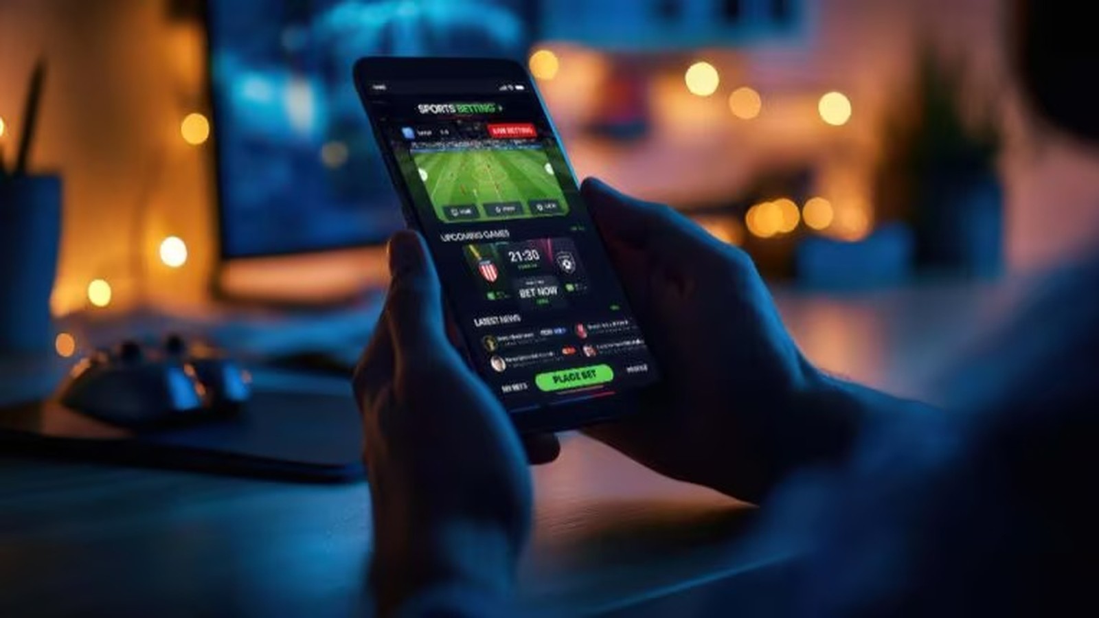 Mãos seguram smartphone exibindo aplicativo de apostas esportivas em ambiente escuro com luzes