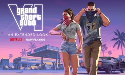 Logotipo GTA VI, Netflix. Protagonistas Lucia e Jason com bandanas, arma, posto gasolina