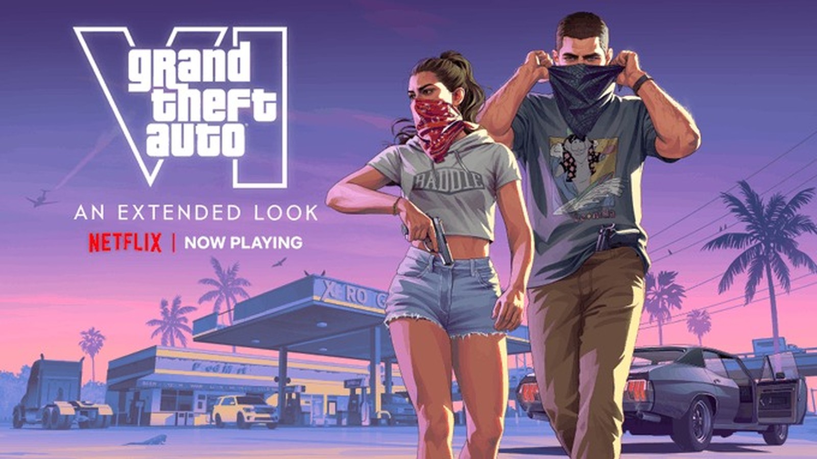 Logotipo GTA VI, Netflix. Protagonistas Lucia e Jason com bandanas, arma, posto gasolina