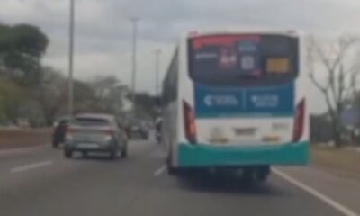 Vista traseira de ônibus urbano branco, azul e verde inclinado em avenida com carro e árvores