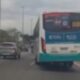 Vista traseira de ônibus urbano branco, azul e verde inclinado em avenida com carro e árvores