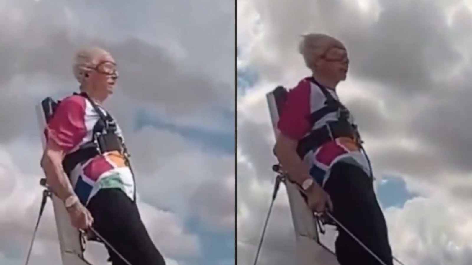 Mulher idosa com óculos e roupa colorida em harness contra céu nublado, praticando wing walking
