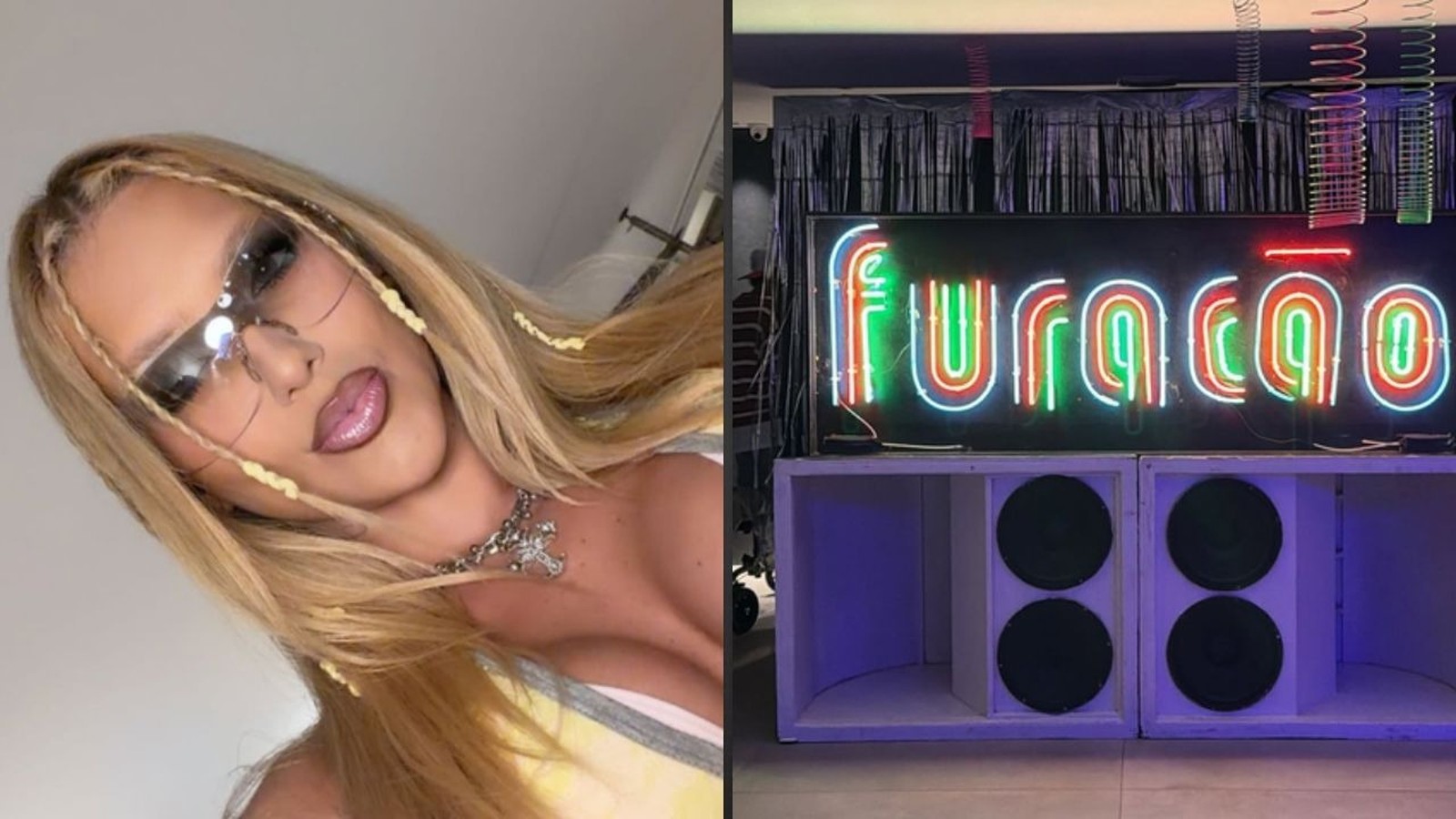 Mulher com óculos e tranças loiras, e neon escrito "furacão" sobre caixas de som
