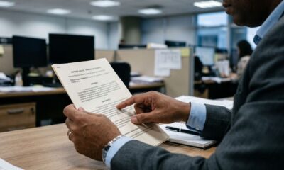 Homem de terno lê documento judicial intitulado "SENTENÇA JUDICIAL" em um escritório.