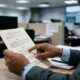 Homem de terno lê documento judicial intitulado "SENTENÇA JUDICIAL" em um escritório.
