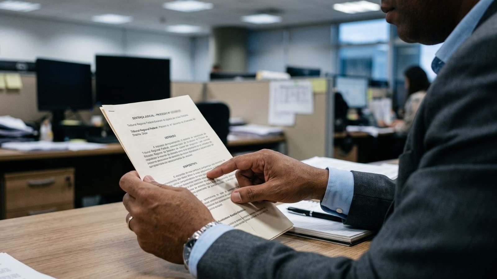 Homem de terno lê documento judicial intitulado "SENTENÇA JUDICIAL" em um escritório.