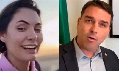 Michelle Bolsonaro sorrindo e Flávio Bolsonaro falando em close-up, em tela dividida